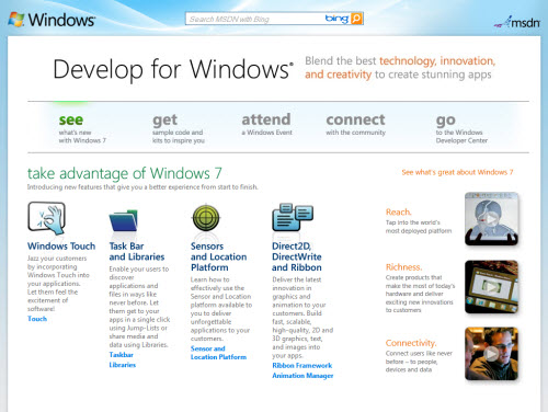 New Microsoft website - Develop for Windows New Microsoft website - Develop for Windows, Windows 7, new site, website